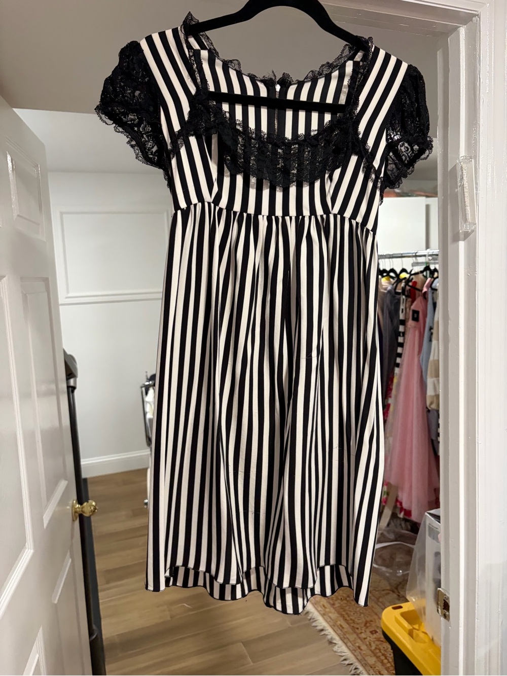 Dolce & Gabbana Black and White Striped Lace-Trim mini dress